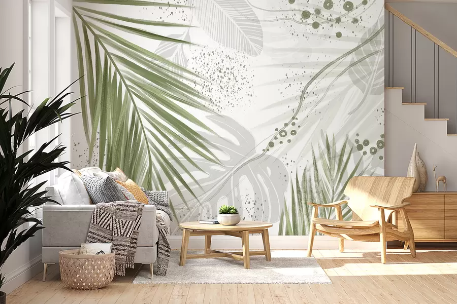 Fototapetai Atogrąžų žali palmių lapai ir gniūžtės su abstrakčiomis formomis ir žalių ir baltų atspalvių purslais w07918