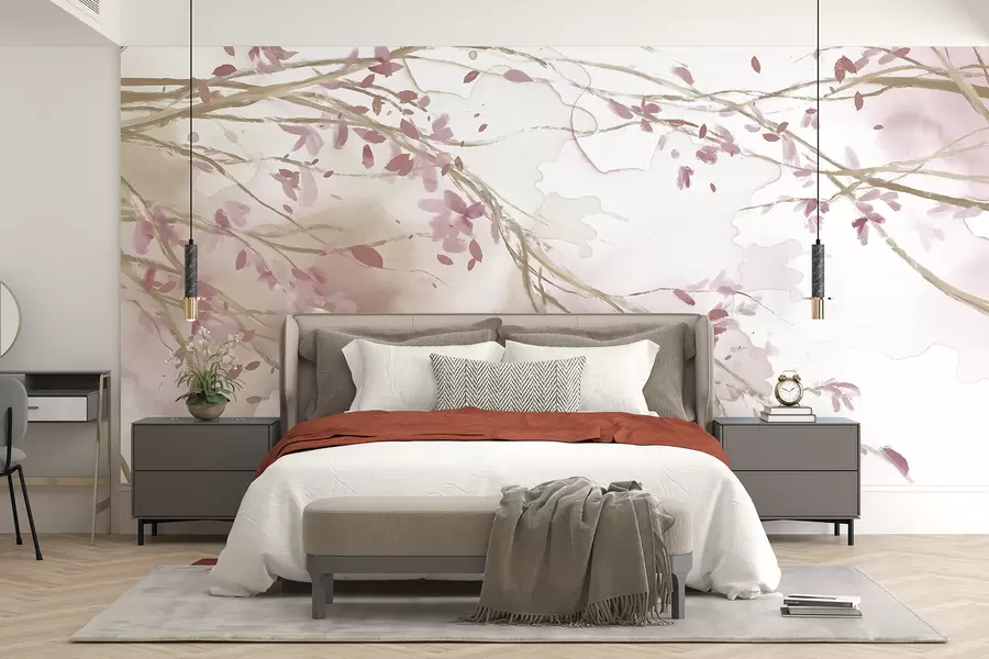 Fototapetai Švelnios rožinės ir baltos gėlių šakos su minkštu, neryškiu akvarelės fonu w07919v1