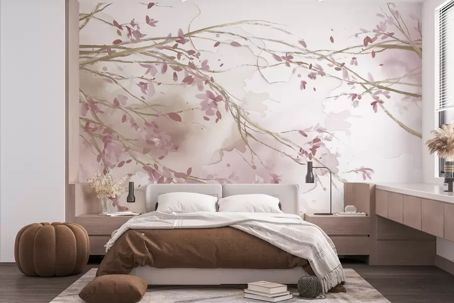 Fototapetai Švelnios rožinės ir baltos gėlių šakos su minkštu, neryškiu akvarelės fonu w07919v1