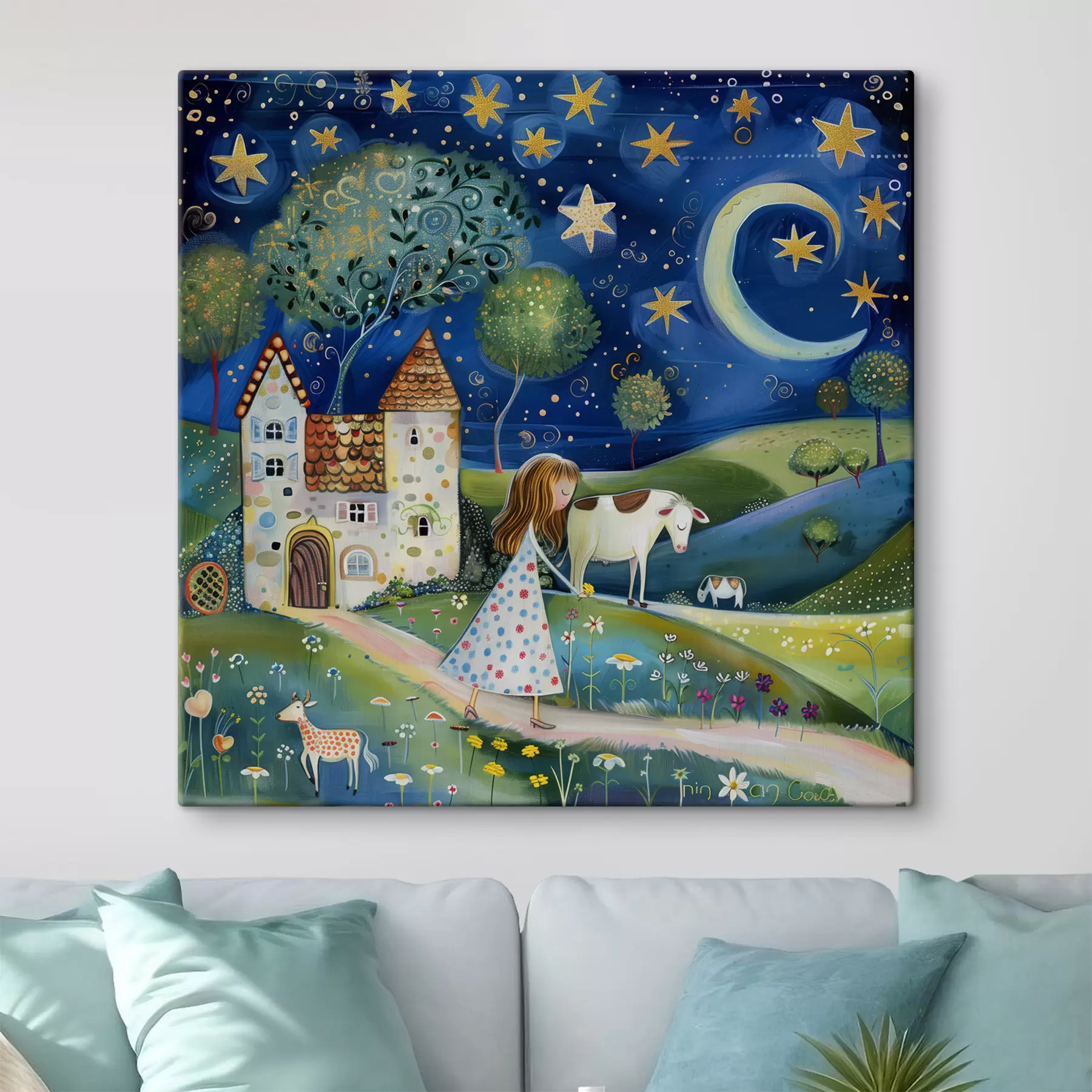 Fototapetai Maža princesė, šuo, karvė ir fantazijos namas po žvaigždėmis įnoringu naivaus meno stiliumi s39451