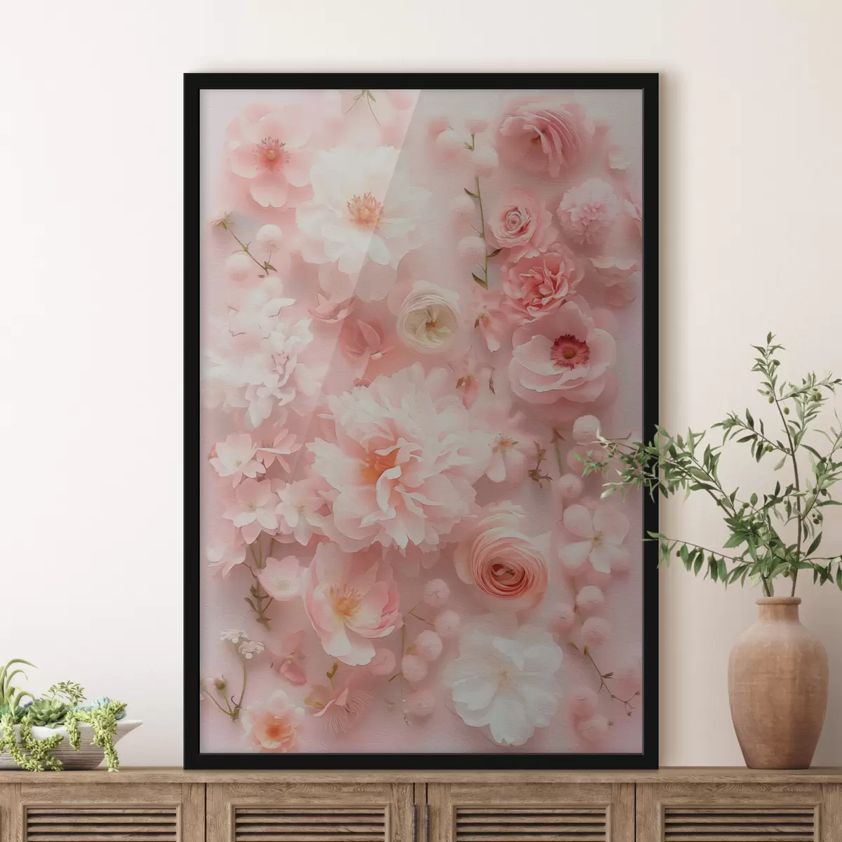 Plakatas Stilingos sodrios gėlės rožiniame fone f39580