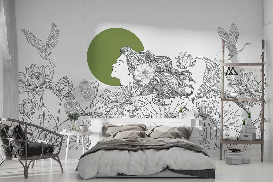 Fototapetai Moteris gamtoje, piešimas linijomis, lotoso žiedai, dideli lapai, skraidantys paukščiai, pilka ir žalia spalva w07988v3