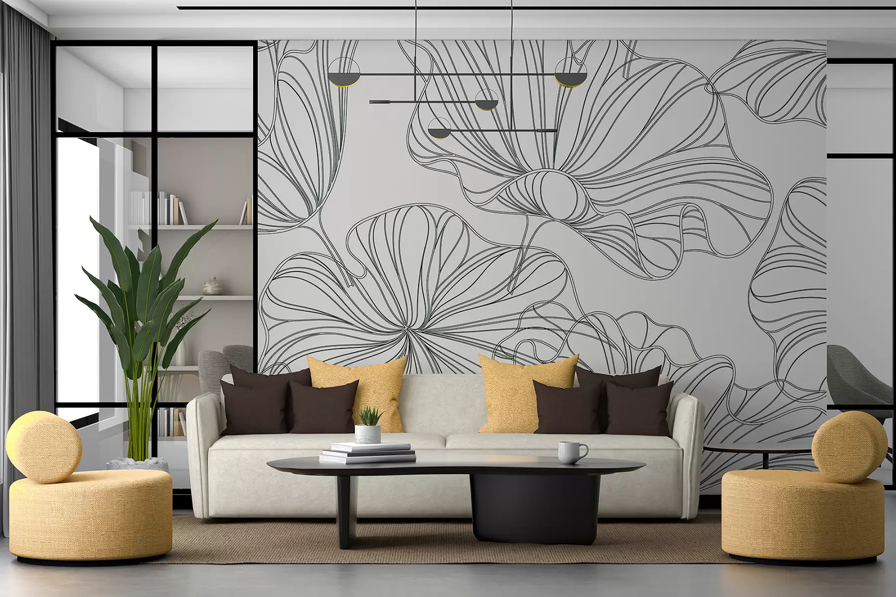 Fototapetai Didelės linijinės gėlės, šviesiai smėlio spalvos fonas w07997v1