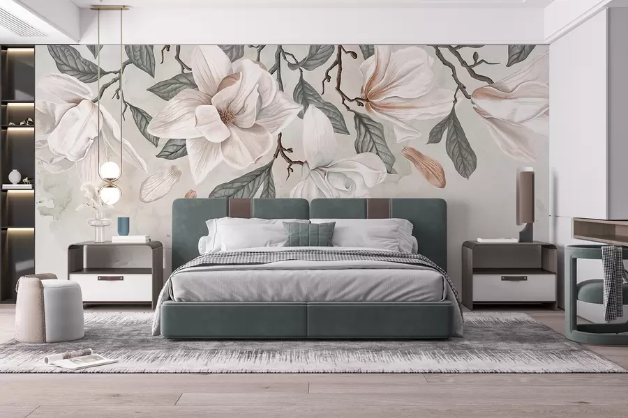 Fototapetai Šviesiame fone švelnūs rožiniai ir balti magnolijos žiedai su žaliais lapais, švelni, gėlių kompozicija w07977