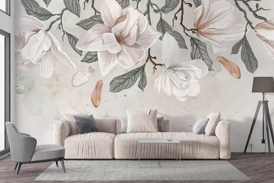 Fototapetai Šviesiame fone švelnūs rožiniai ir balti magnolijos žiedai su žaliais lapais, švelni, gėlių kompozicija w07977