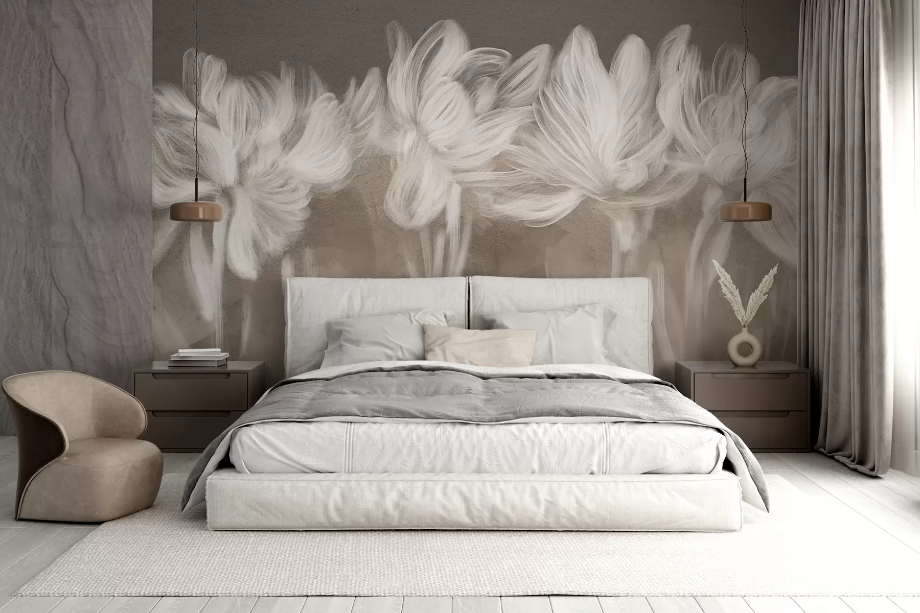 Fototapetai Minkšti minimalistiniai balti skaidrūs gėlių siluetai rudos tekstūros fone  w07986