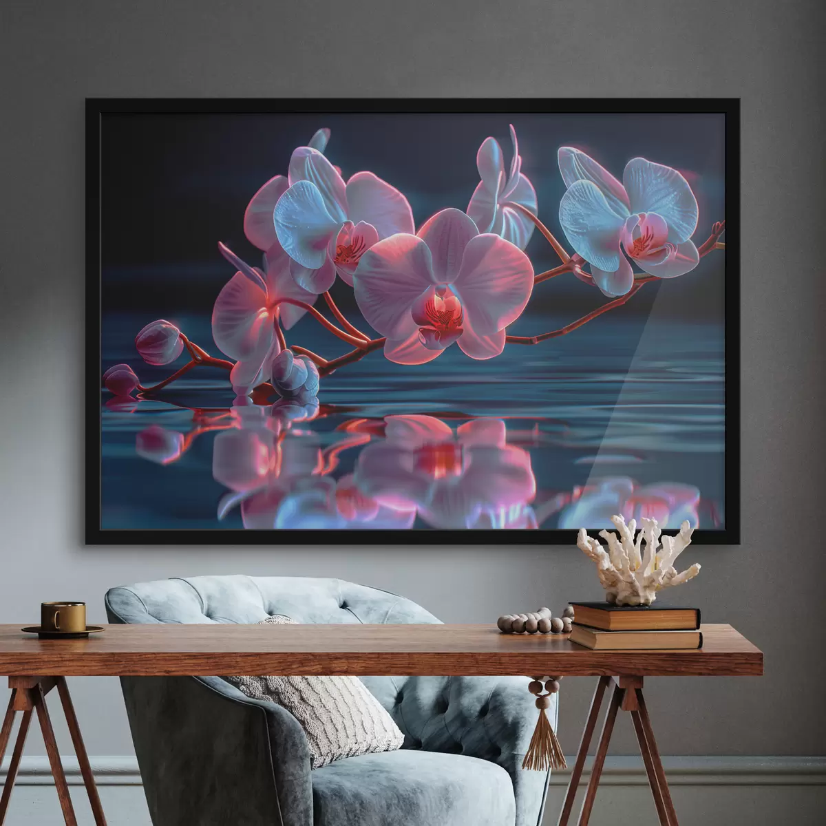 Plakatas Violetinės orchidėjos su atspindžiu ant vandens f39715