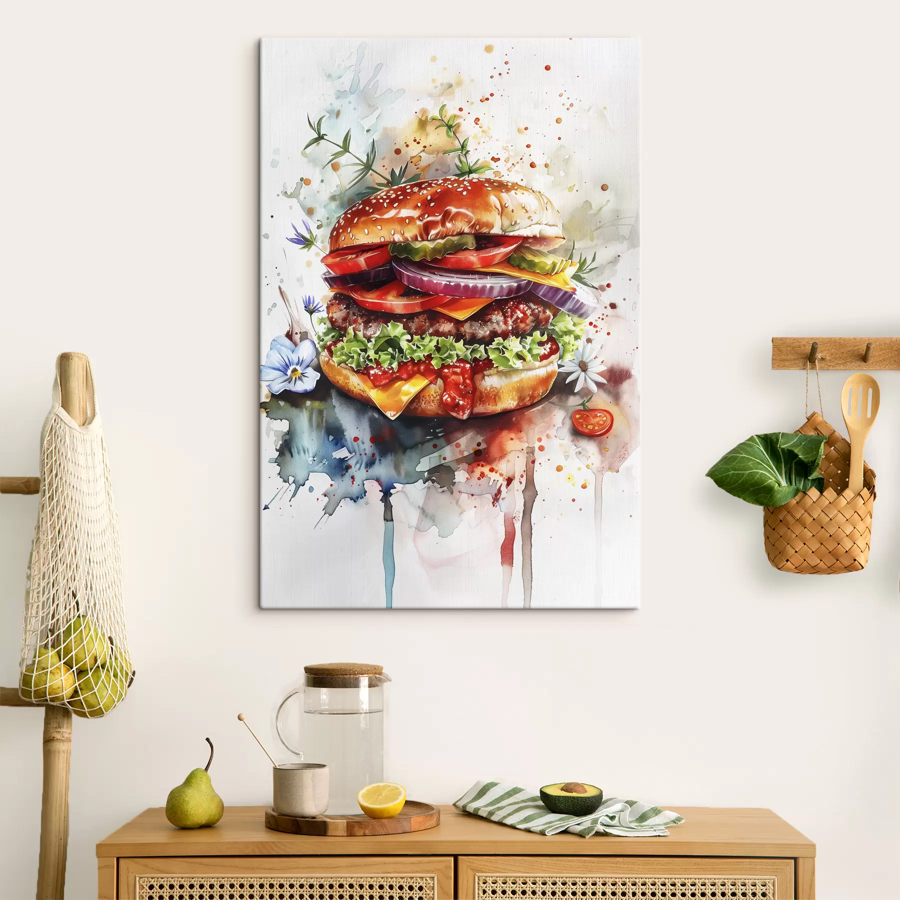 Fototapetai Skanus mėsainis su mėsa, gėlėmis, akvarele, maisto menu s39699