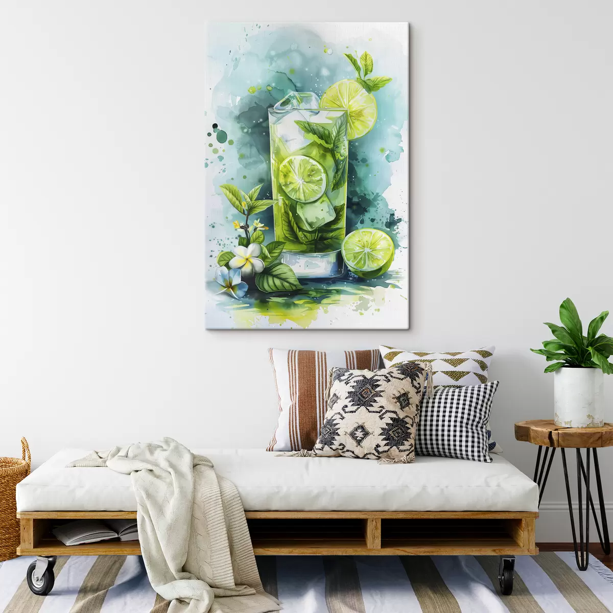 Paveikslėlis Vasarinis akvarelės kokteilis, mojito, laimo ir mėtų, gėlių, žalios spalvos s39712