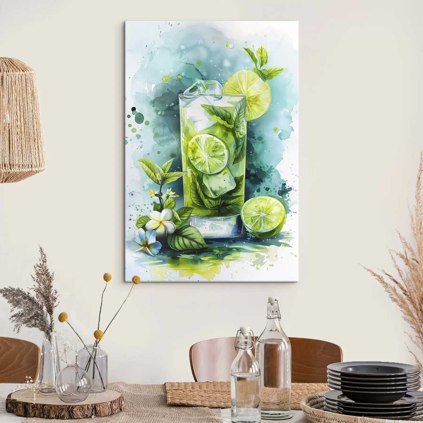 Paveikslėlis Vasarinis akvarelės kokteilis, mojito, laimo ir mėtų, gėlių, žalios spalvos s39712