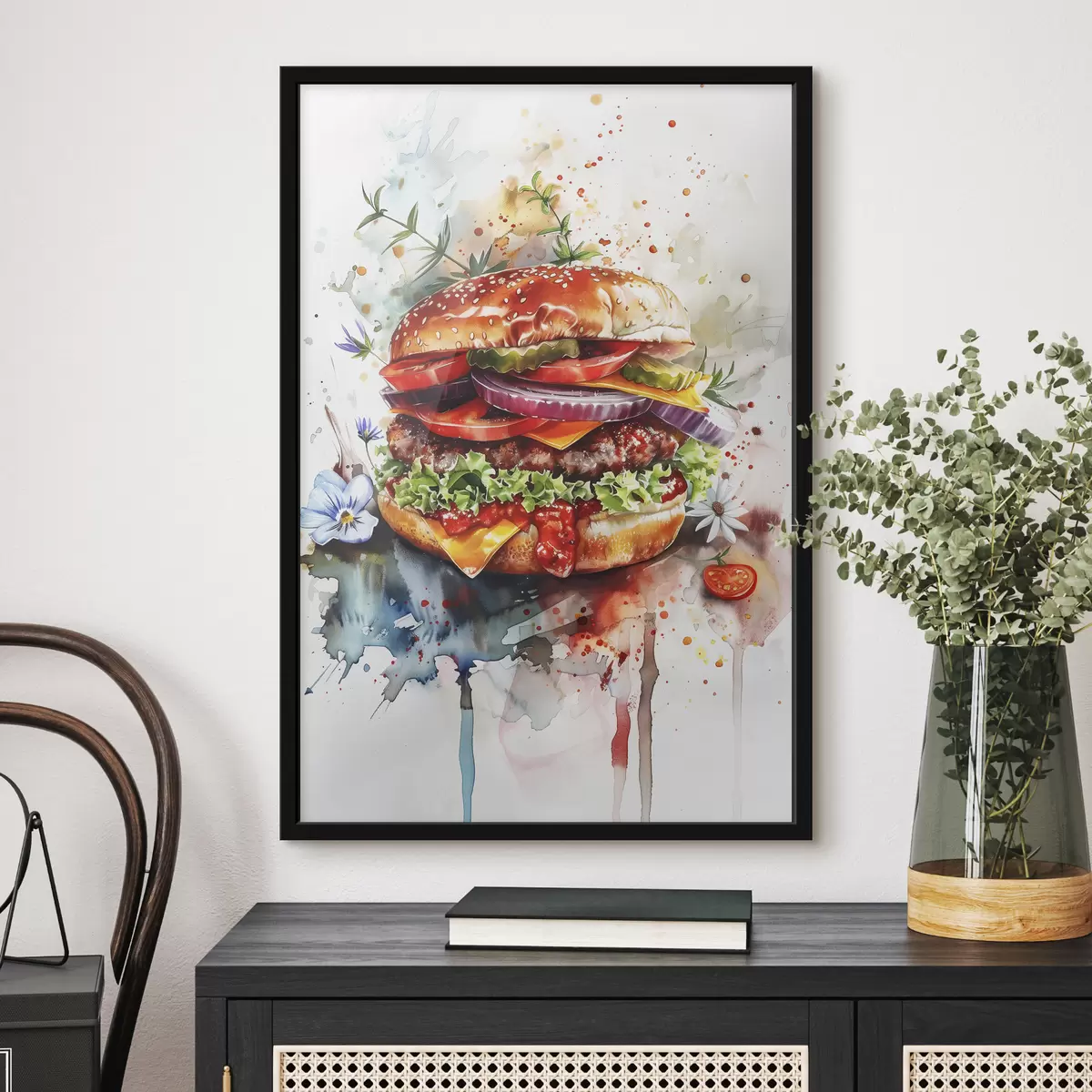 Plakatas Skanus mėsainis su mėsa, gėlėmis, akvarele, maisto menu f39699