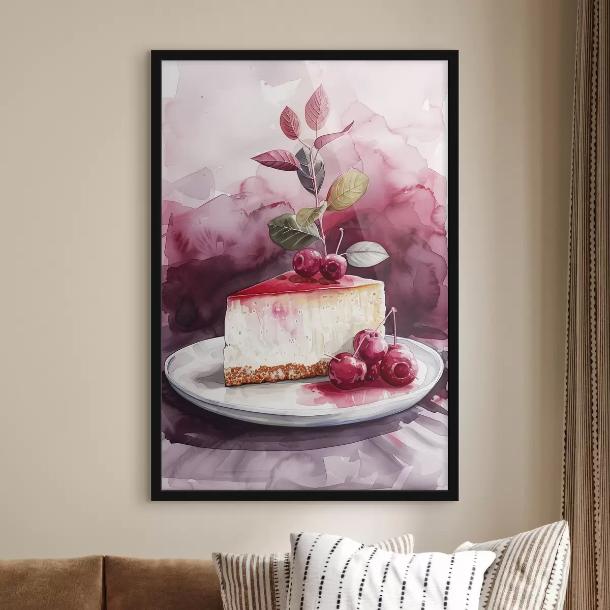 Plakatas Akvarelinis sūrio pyragas su vyšniomis, elegantiškas maisto menas, raudona ir violetinė spalvos f39700