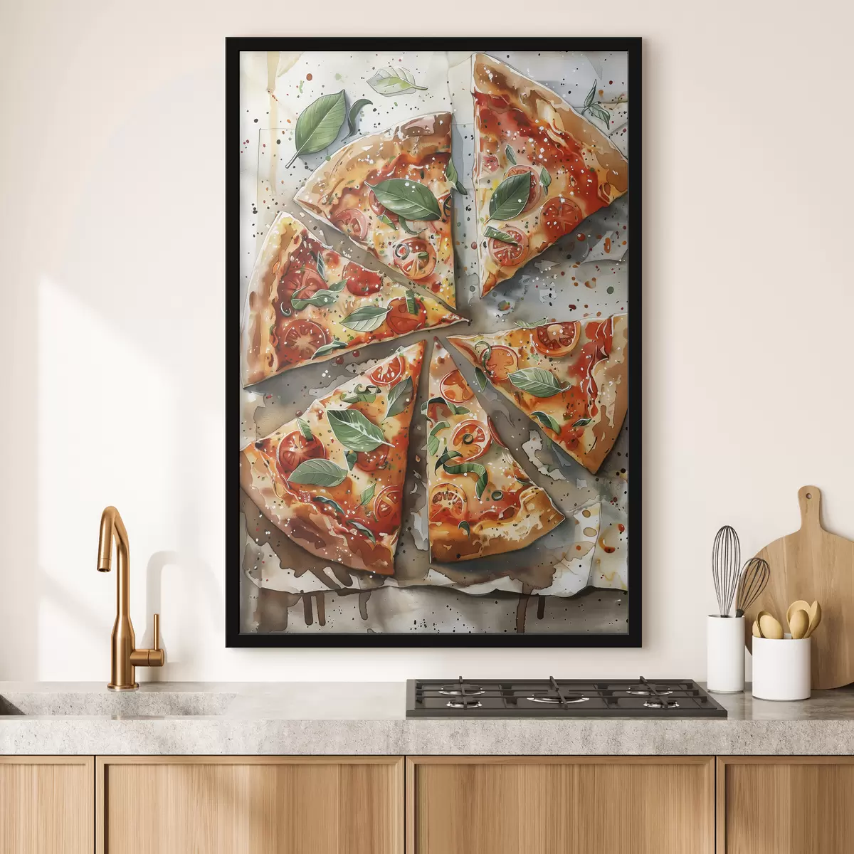 Plakatas Gardi itališka pica, akvarelės maisto menas, margarita, pomidorai f39703