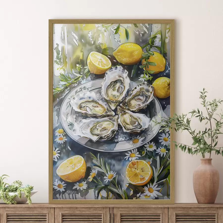 Fototapetai Elegantiškos austrės lėkštėje, citrinos ir gėlės, vasariškos spalvos, Viduržemio jūros f39710