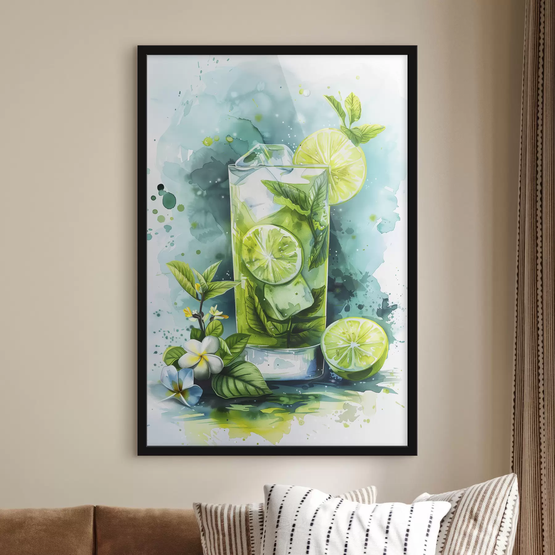 Fototapetai Vasarinis akvarelės kokteilis, mojito, laimo ir mėtų, gėlių, žalios spalvos f39712