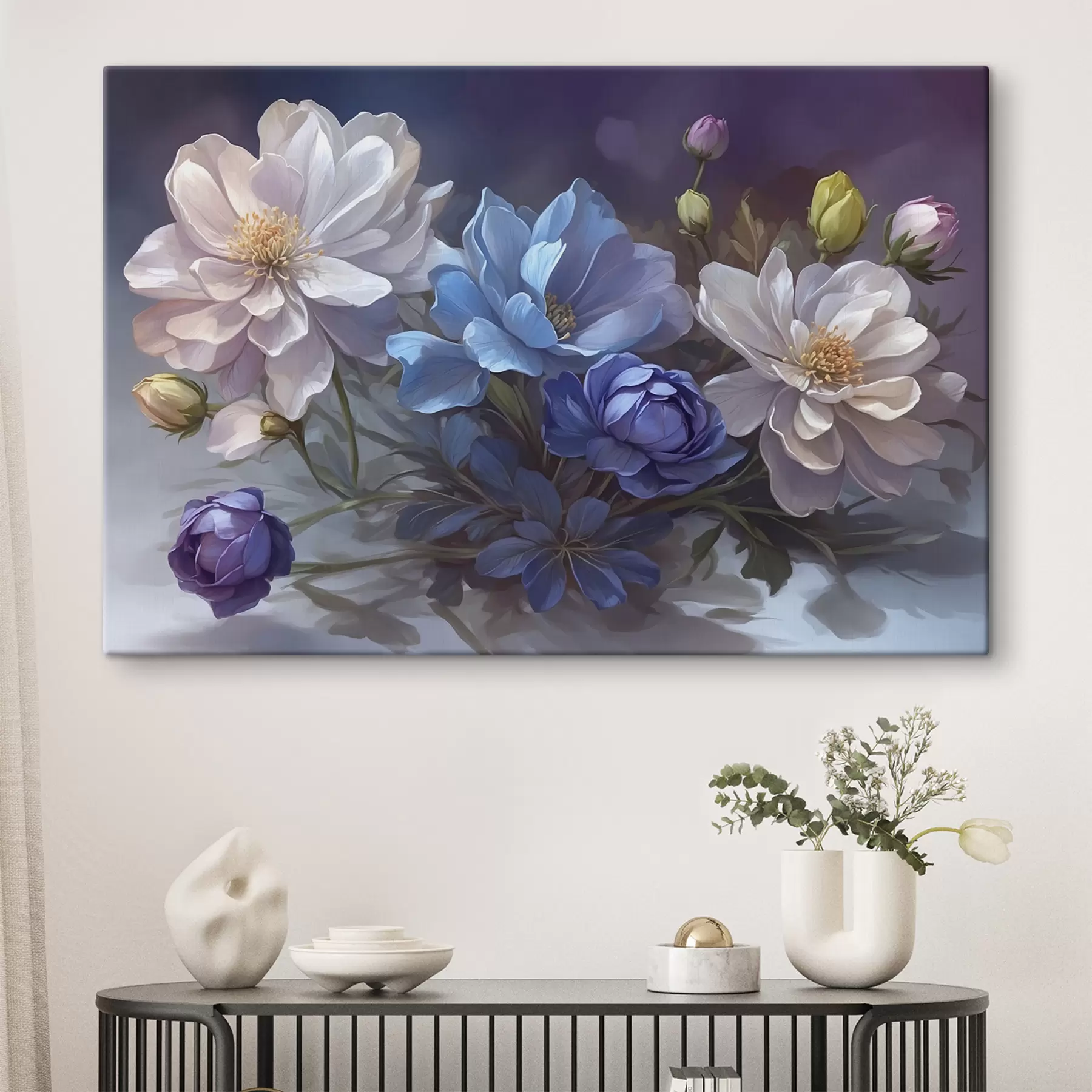 Fototapetai Baltos ir mėlynos gėlės neryškiame fone s39603