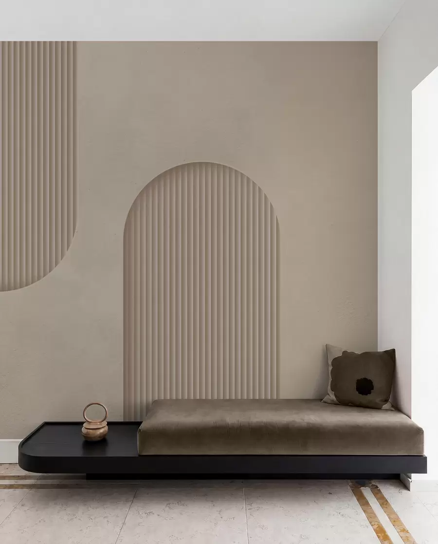 Fototapetai Art Deco tekstūros šiltų smėlio atspalvių tapetai. Tūrinių arkų imitacija    w08048