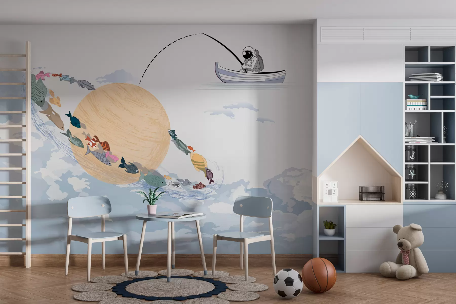 Fototapetai Mėlynos spalvos astronauto mėnulis ir žuvis w00869