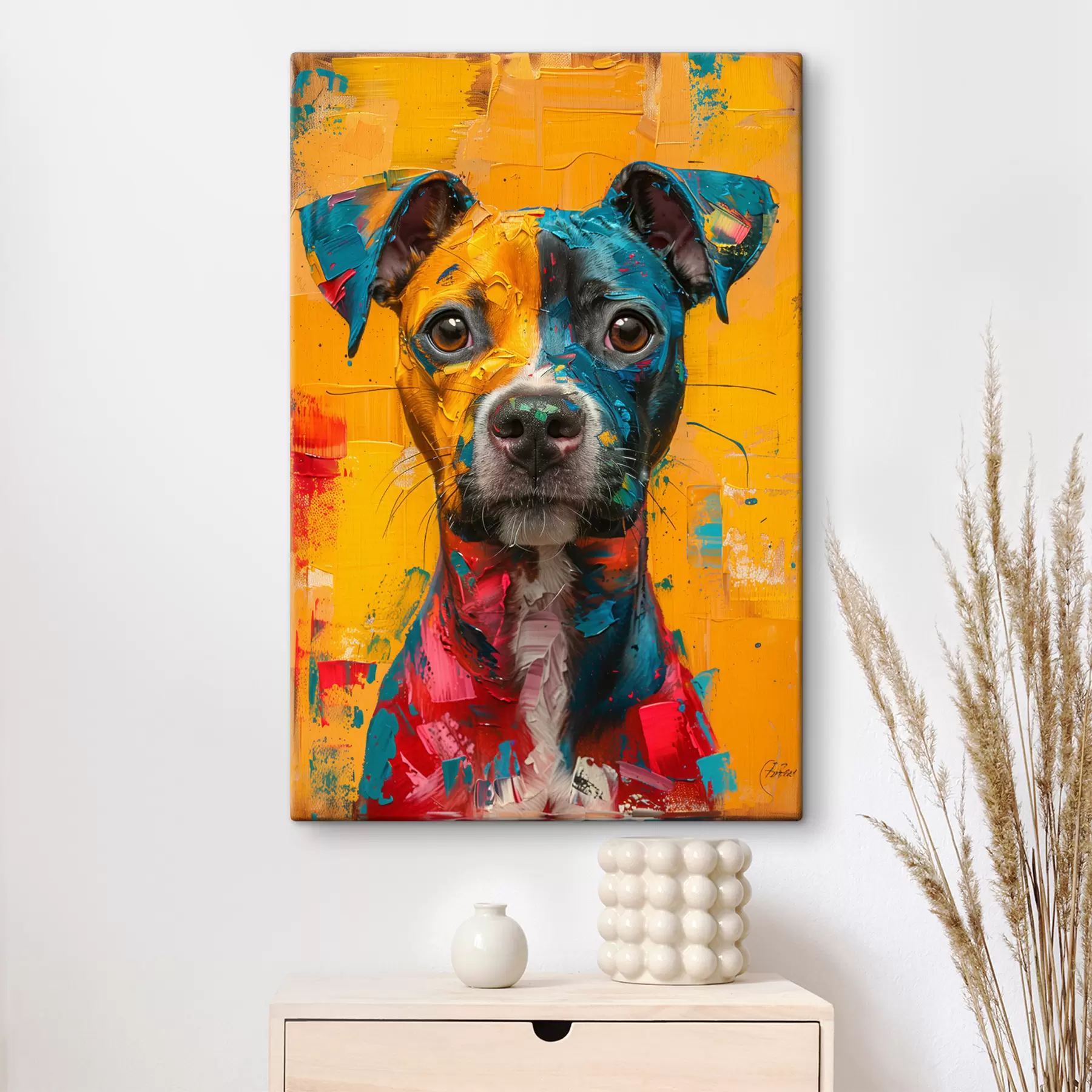 Fototapetai Pitbullio portretas su geltonais ir mėlynais aliejaus teptuko potėpiais s39722