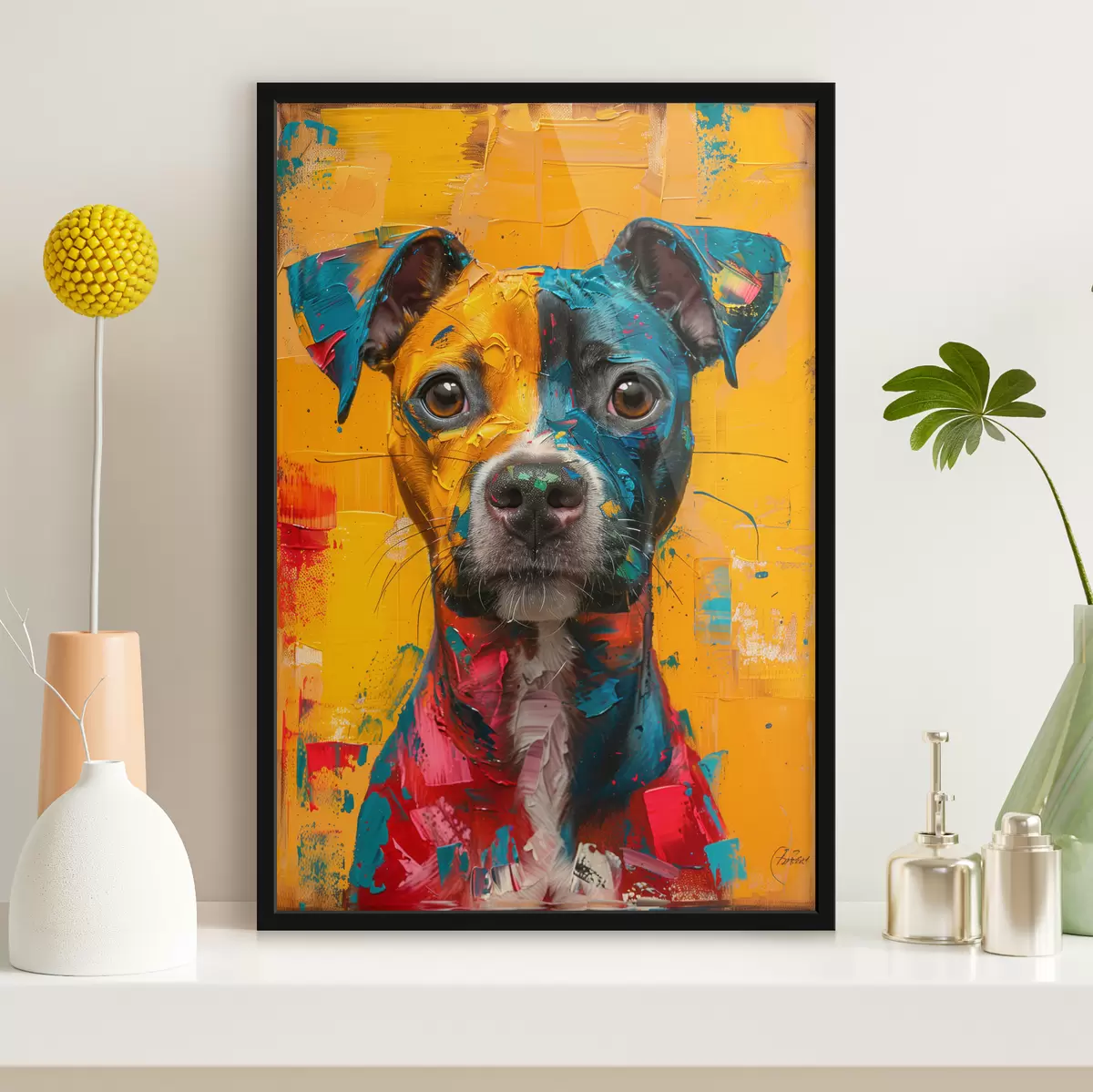 Plakatas Pitbullio portretas su geltonais ir mėlynais aliejaus teptuko potėpiais f39722