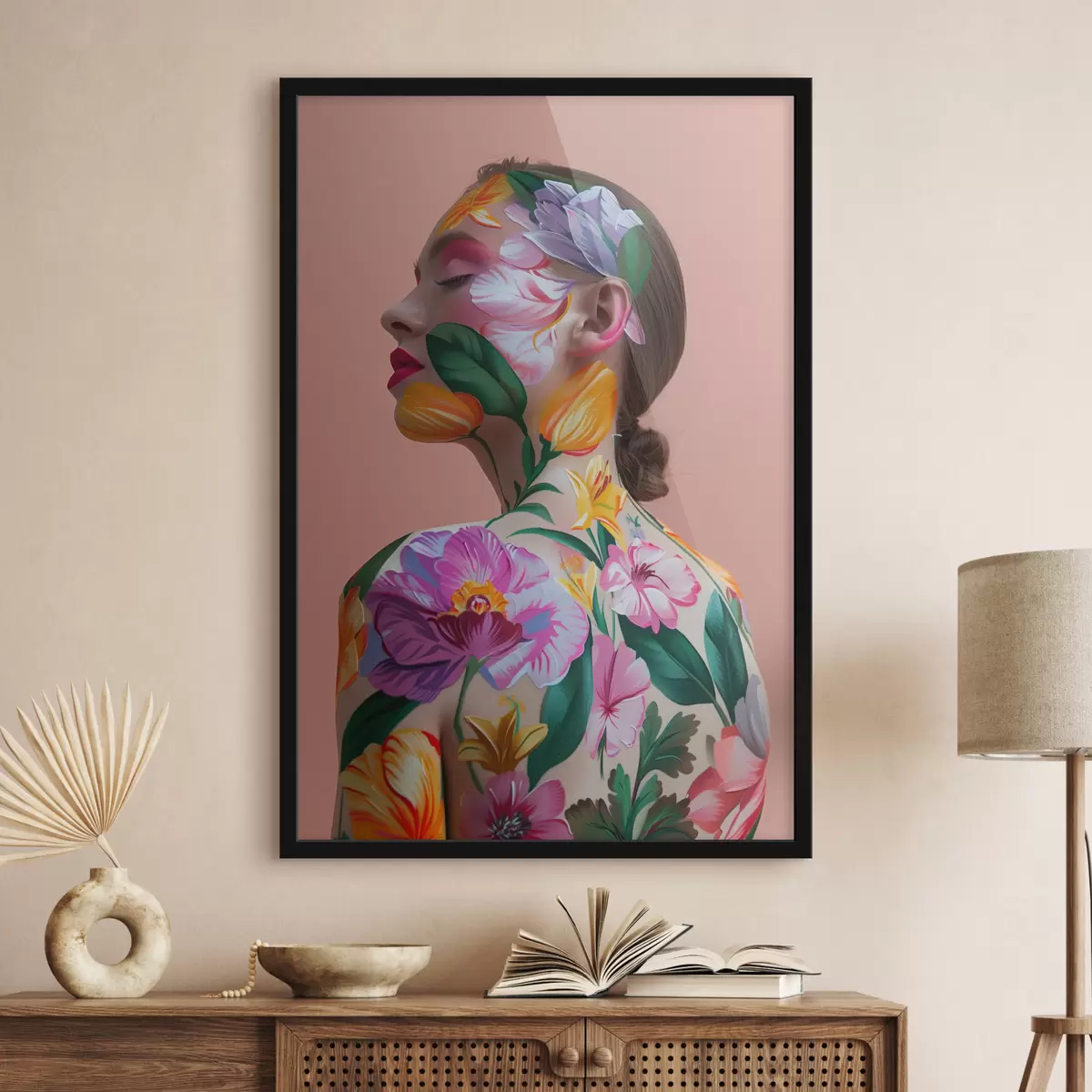Plakatas Spalvingas gėlių dažų makiažas ant moters kūno f39732