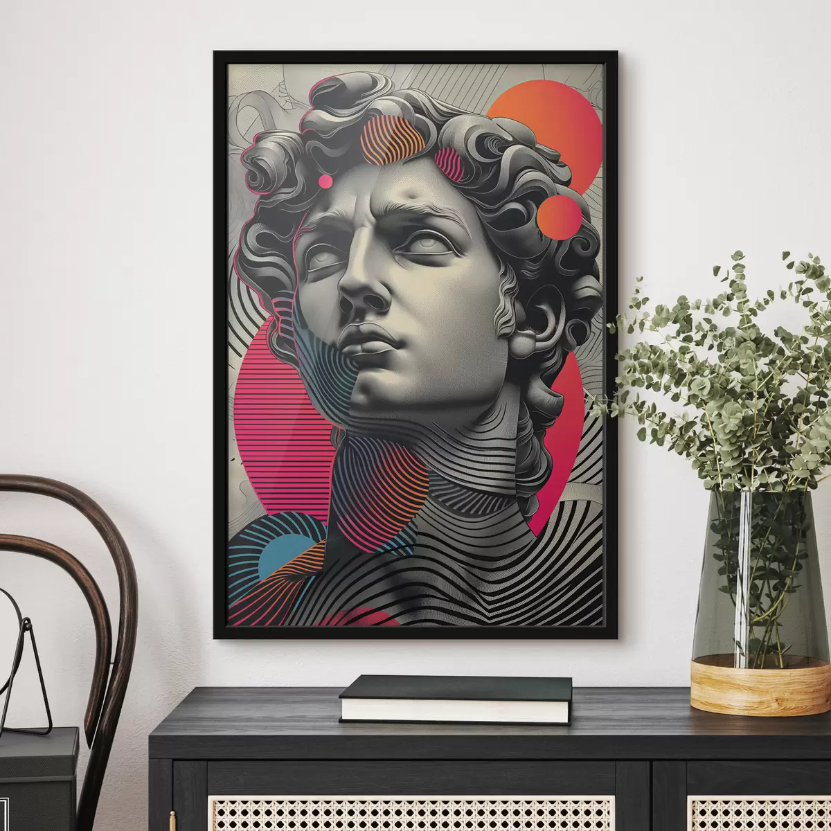 Plakatas Juodai baltas Apollo su spalvotomis dėmėmis grafinio stiliaus f39762