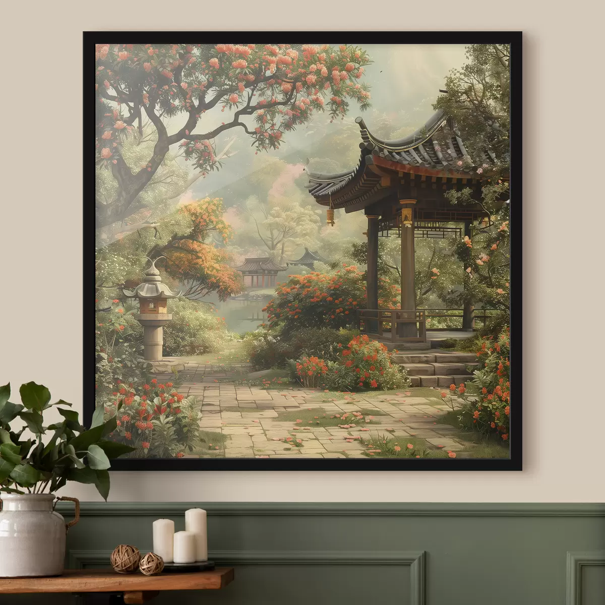 Plakatas Japoniškas parkas su žydinčiais medžiais ir gėlėmis, miškas, sodo namelis, ežeras f39772