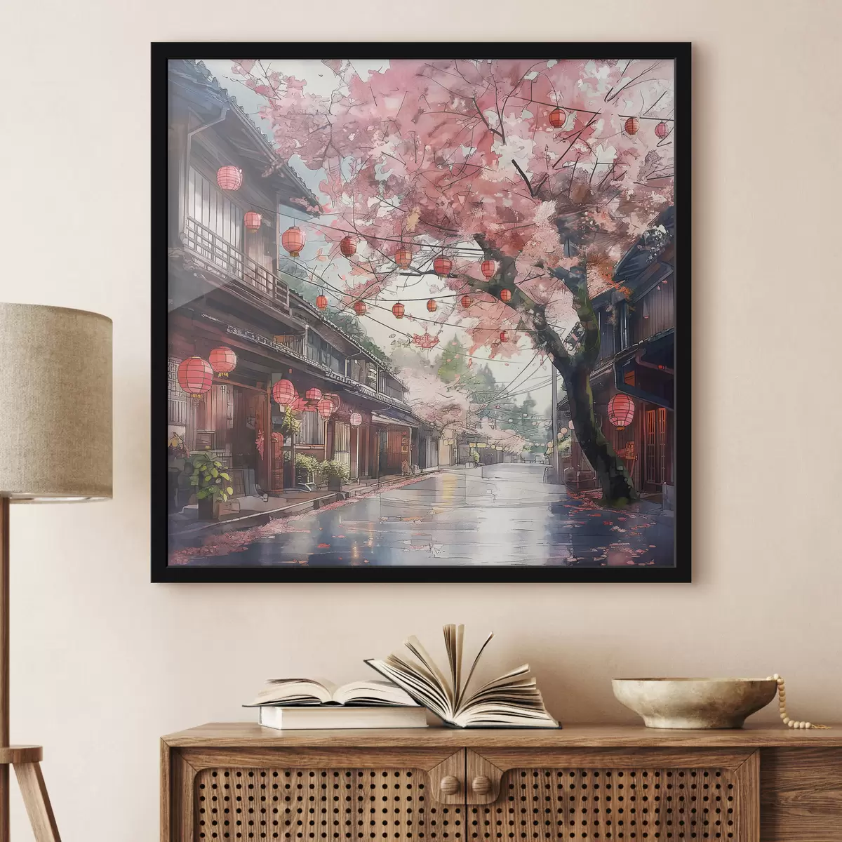 Plakatas Japoniška gatvė su žydinčiomis vyšniomis, rytietiška architektūra, žibintais f39774