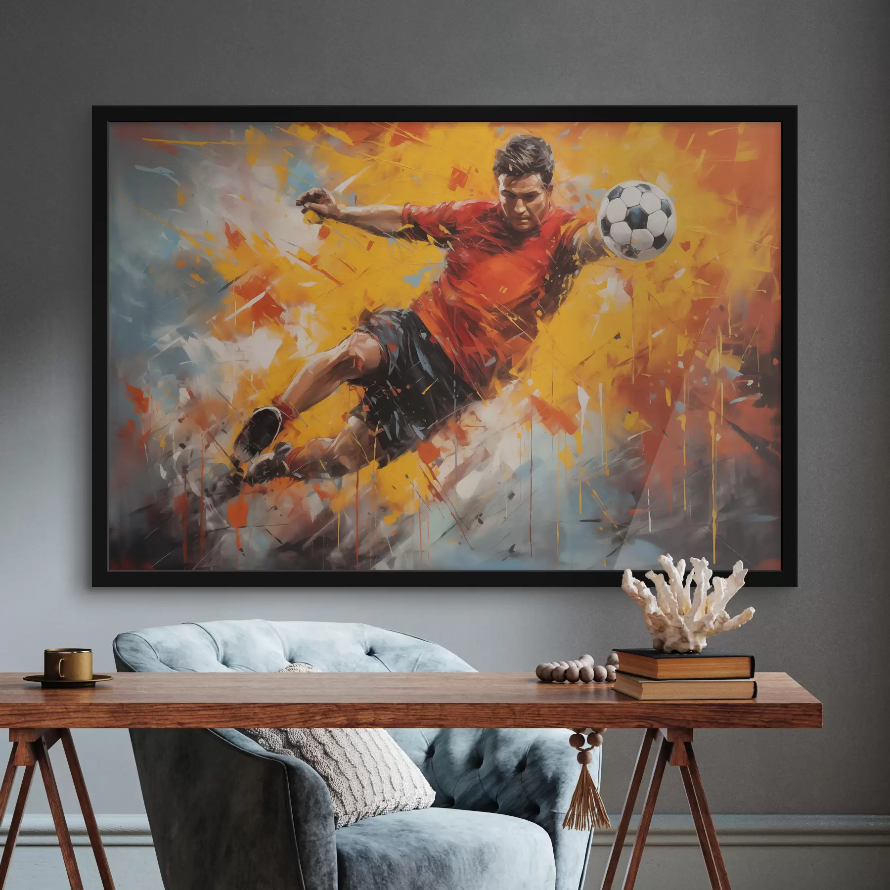 Fototapetai Futbolininkas gaudo kamuolį ryškiai dinamiška aliejine tapyba, juoda, geltona, raudona spalva f39817