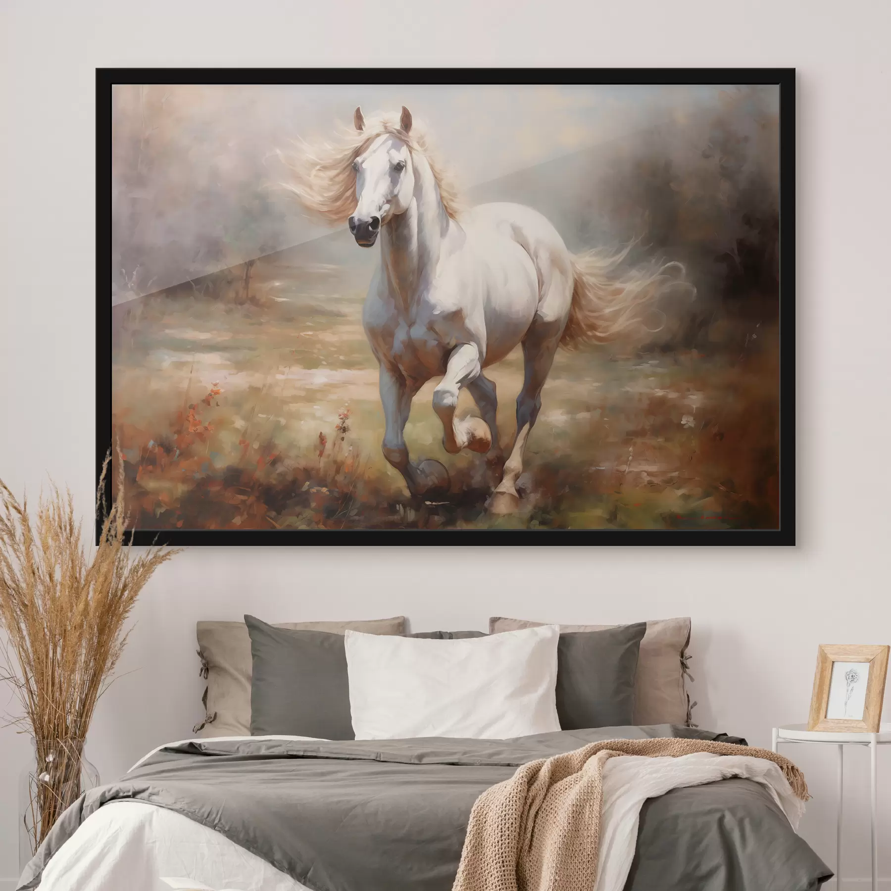 Fototapetai Baltas arklys, šuoliuojantis per pievą, aliejinis paveikslas f39818