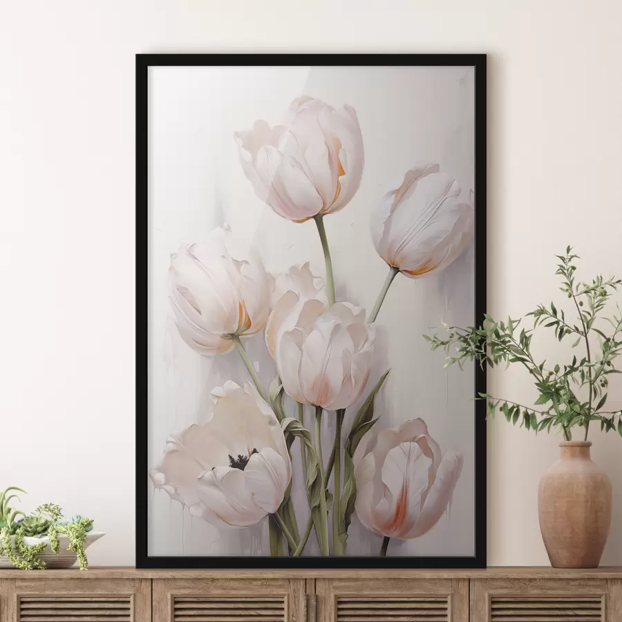 Fototapetai Baltos tulpės šviesiame fone aliejinis paveikslas f39821