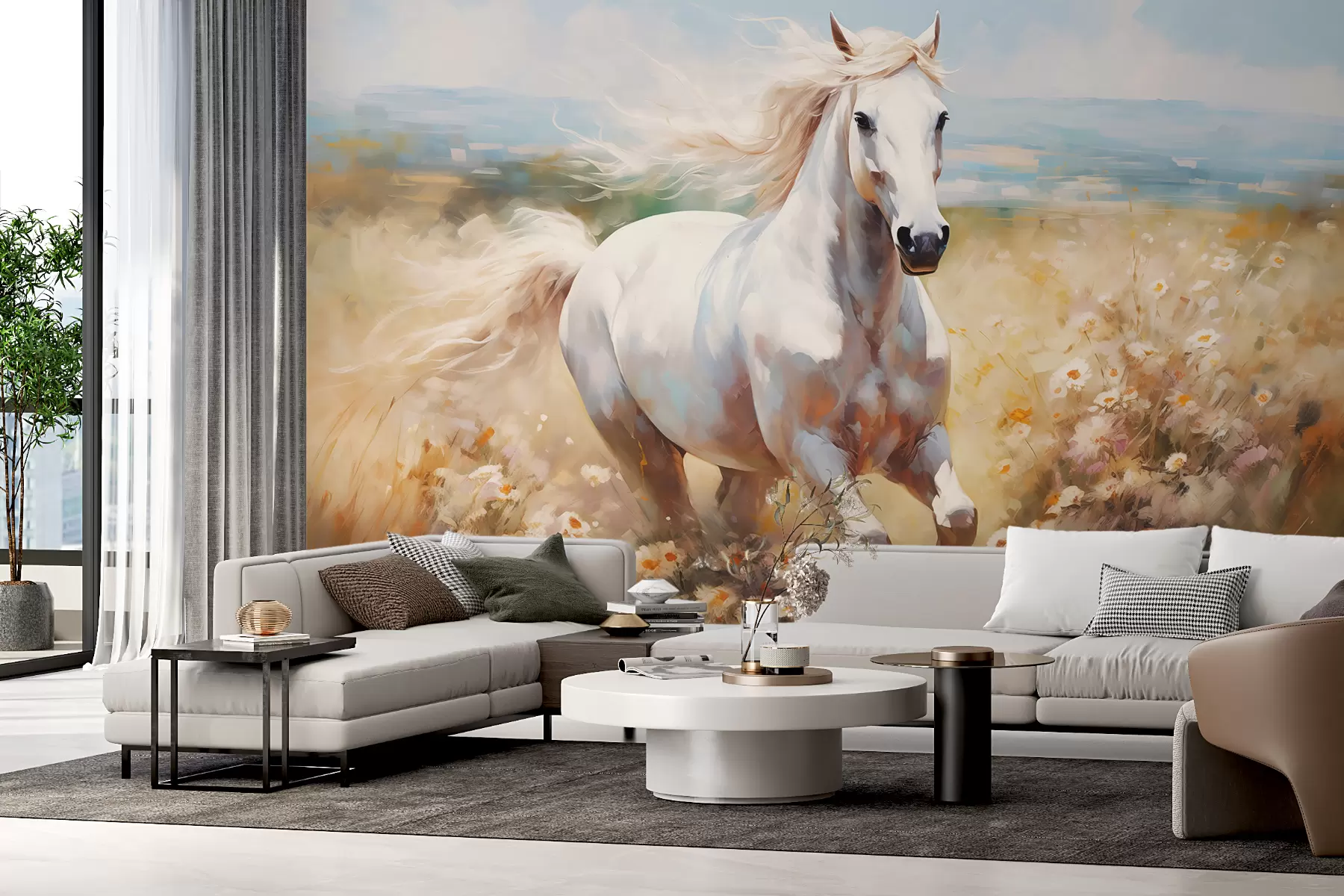 Fototapetai Baltas arklys, šuoliuojantis per pievą, aliejinis paveikslas w08118