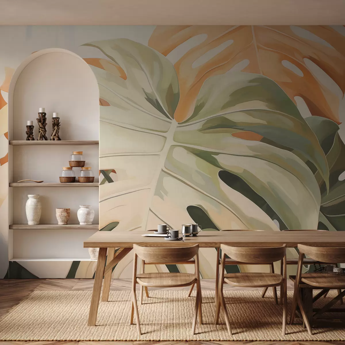 Fototapetai Iš arti monstera Lapai aliejus Tapyba žalia ir oranžinė w08120