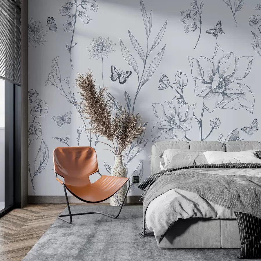 Fototapetai Boho vienspalvės mėlynos gėlės ir drugeliai w08088v2