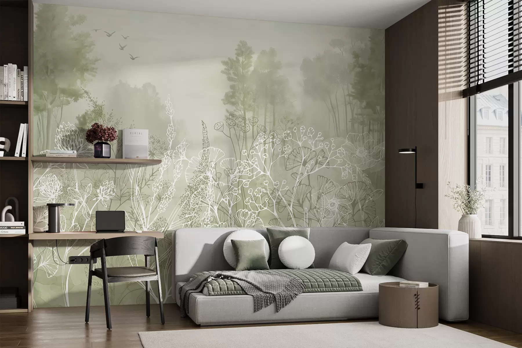 Fototapetai Linijinis piešimas gėlės, miško peizažas, gamta, realizmas, žalia spalvų paletė w08144v2