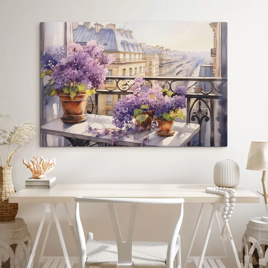 Fototapetai Violetinės vazonėlyje balkone Paryžiaus akvarelė s39931