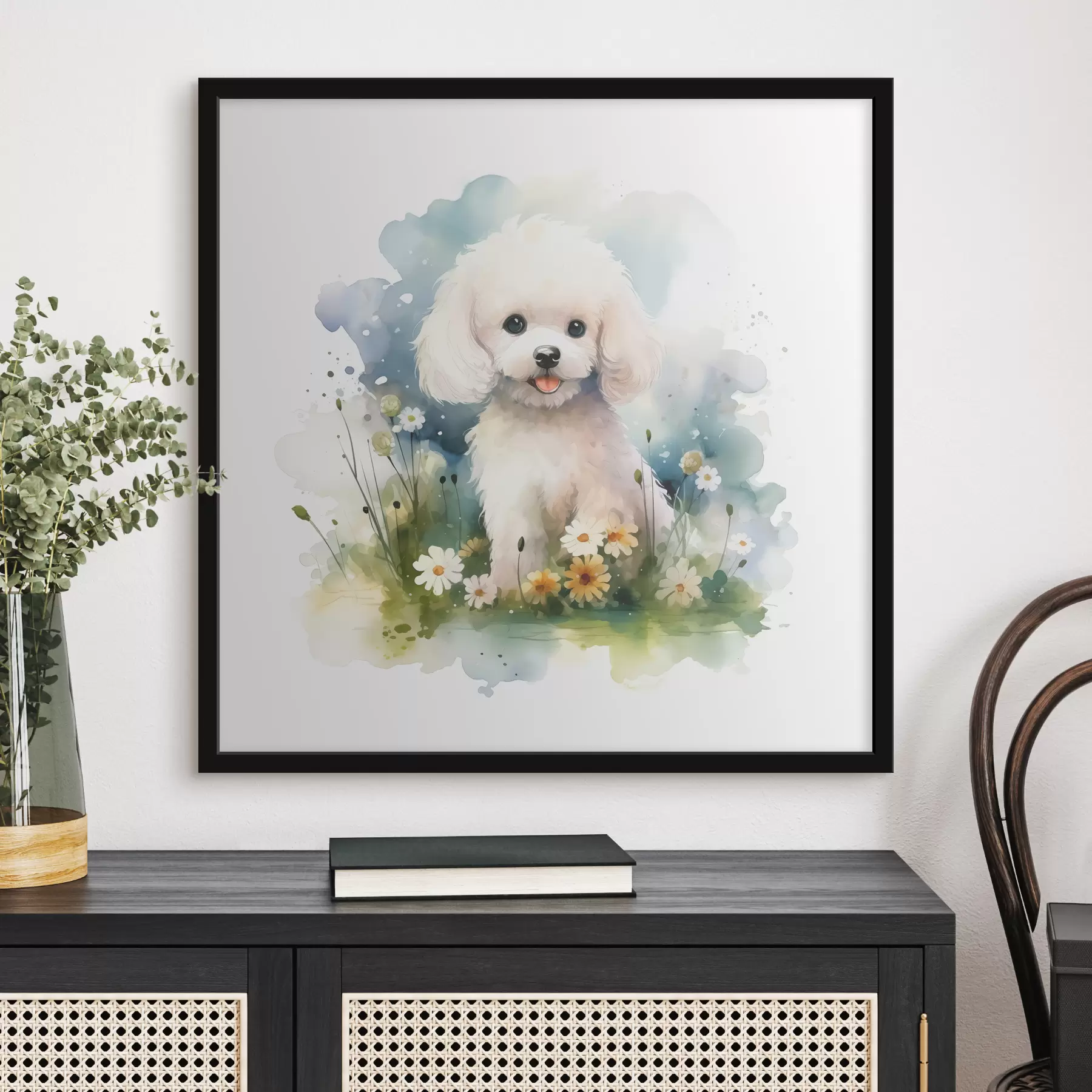 Fototapetai Mažas baltas pudelis, sėdintis gėlių akvarelėje f39928