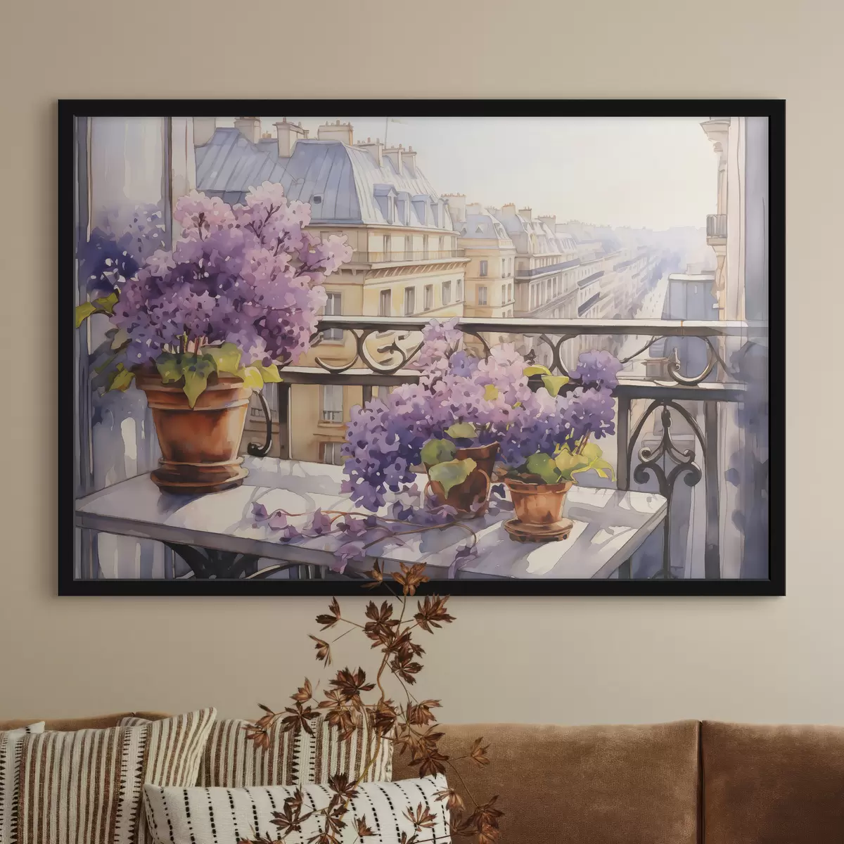 Plakatas Violetinės vazonėlyje balkone Paryžiaus akvarelė f39931