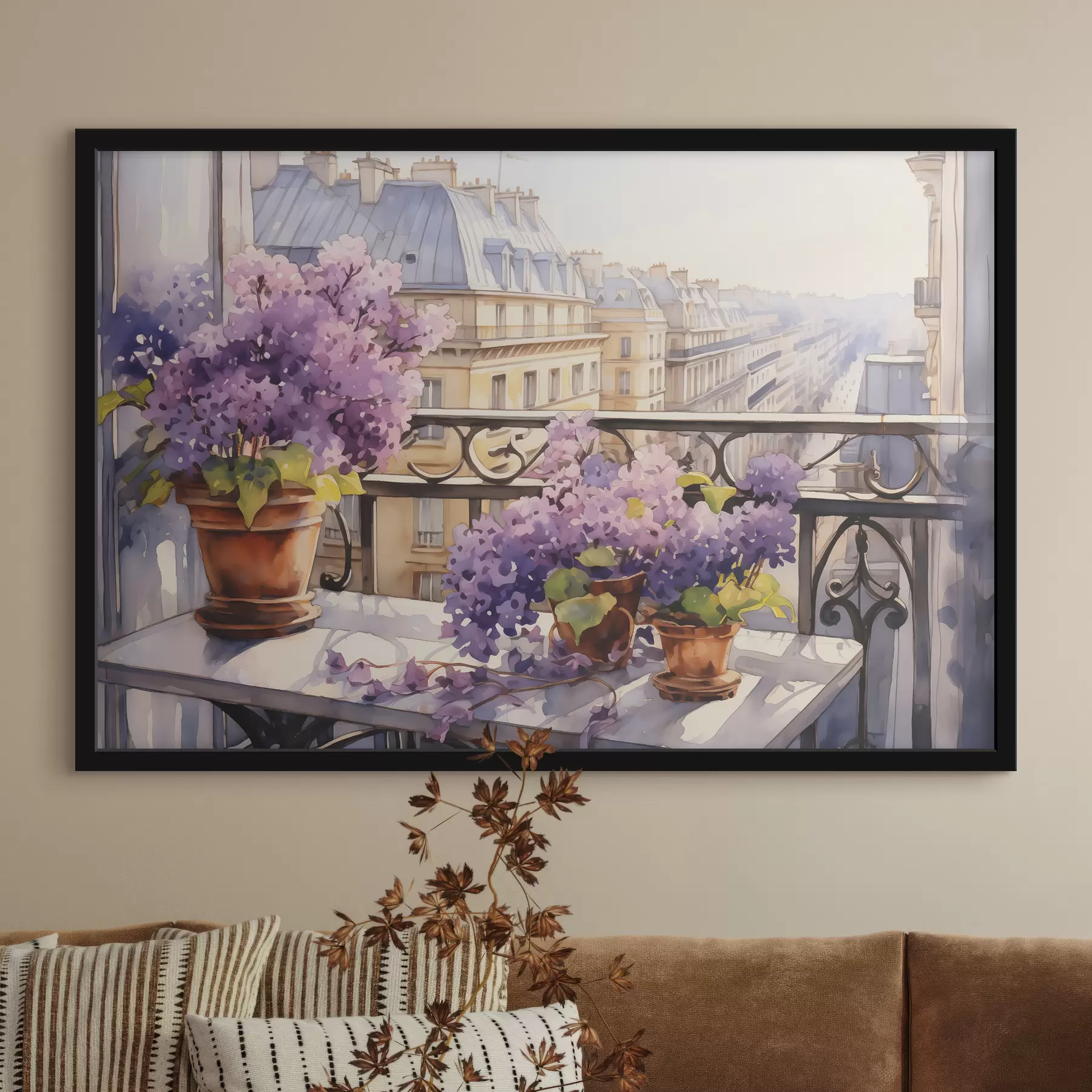 Fototapetai Violetinės vazonėlyje balkone Paryžiaus akvarelė f39931