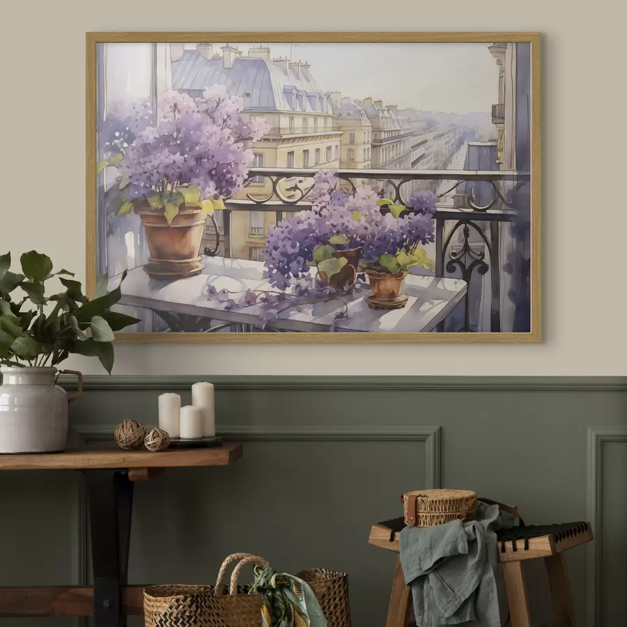 Fototapetai Violetinės vazonėlyje balkone Paryžiaus akvarelė f39931
