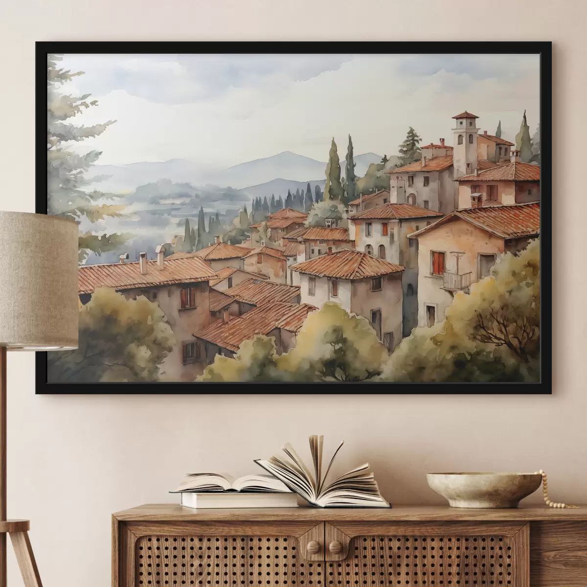 Plakatas Namai Italijos kaimuose kalnų fone, stogai, akvarelė f39934
