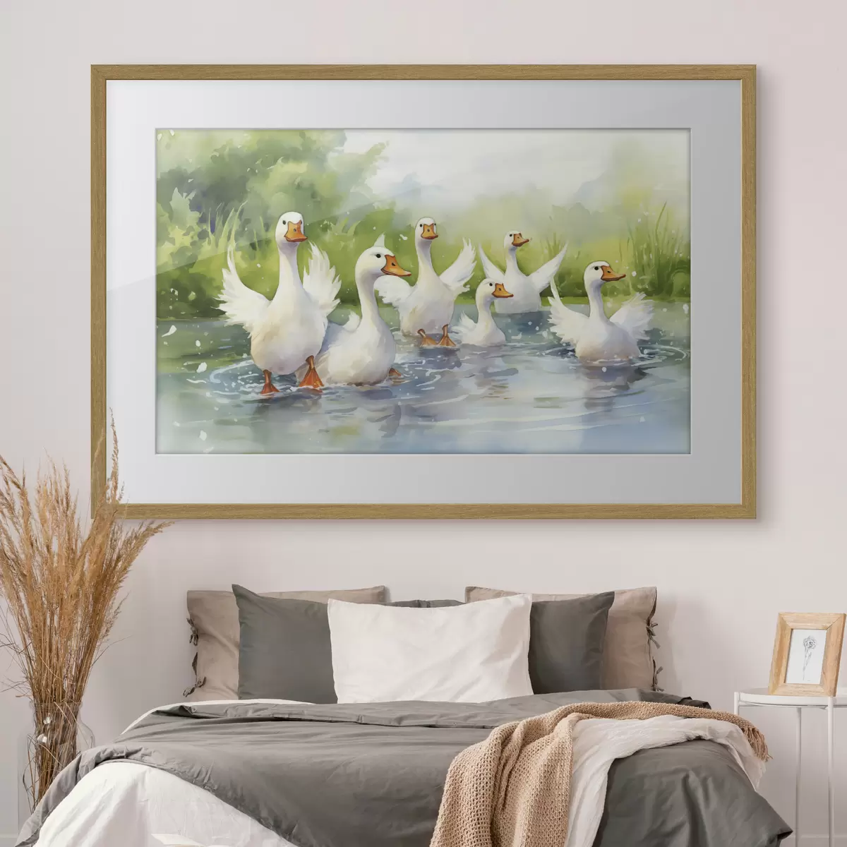 Plakatas Baltosios žąsys maudosi tvenkinyje akvarele f39939