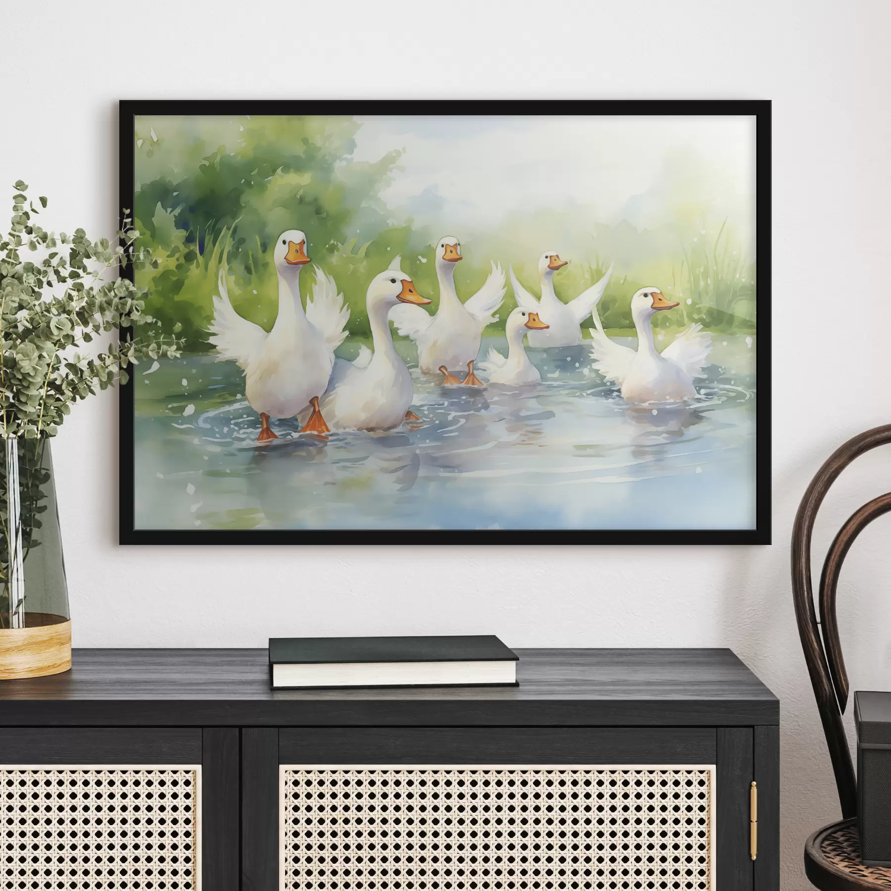 Fototapetai Baltosios žąsys maudosi tvenkinyje akvarele f39939