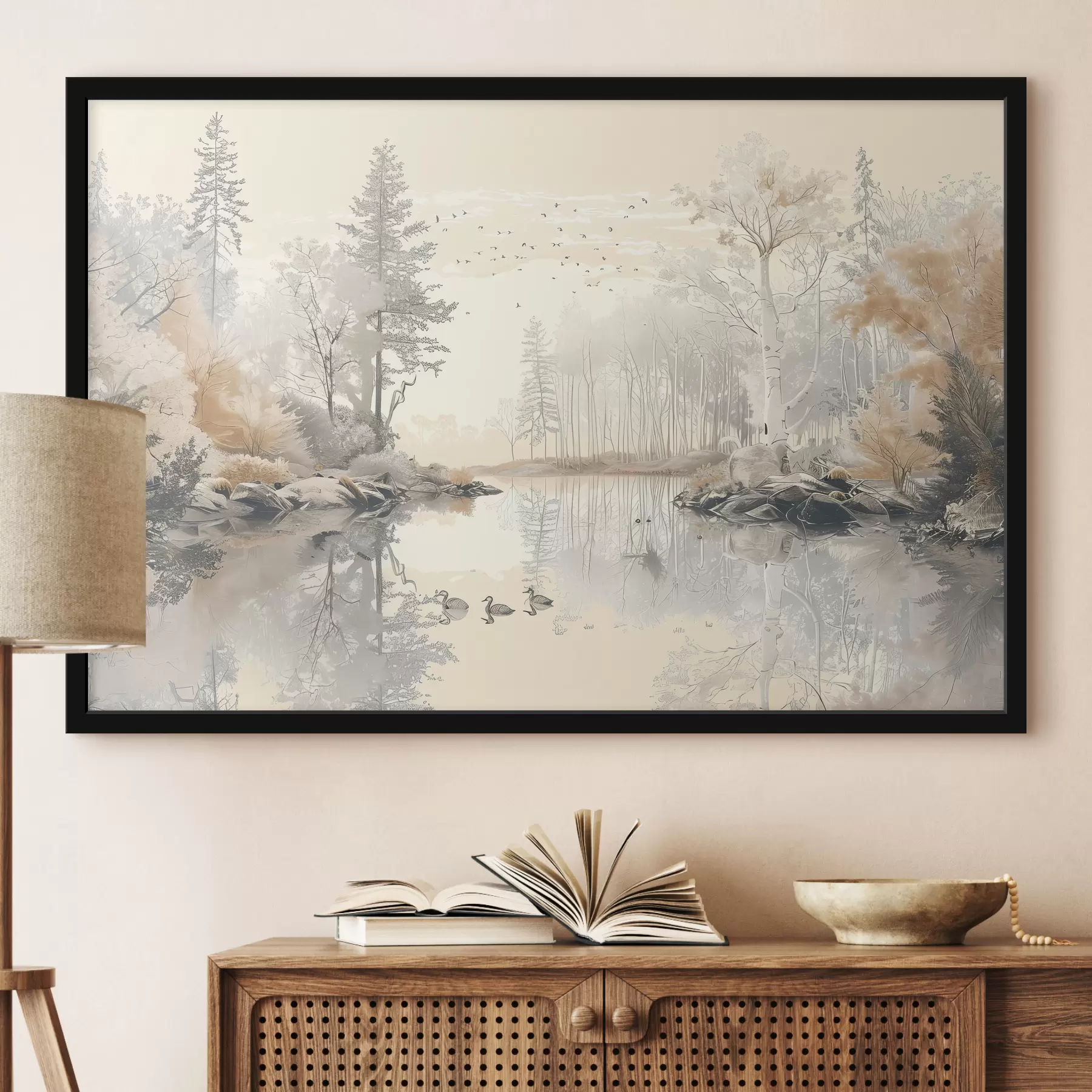 Fototapetai Gražus gamtos peizažas, tvenkinys ir medžiai, laukinė gamta, švelnios pastelinės spalvos f39980