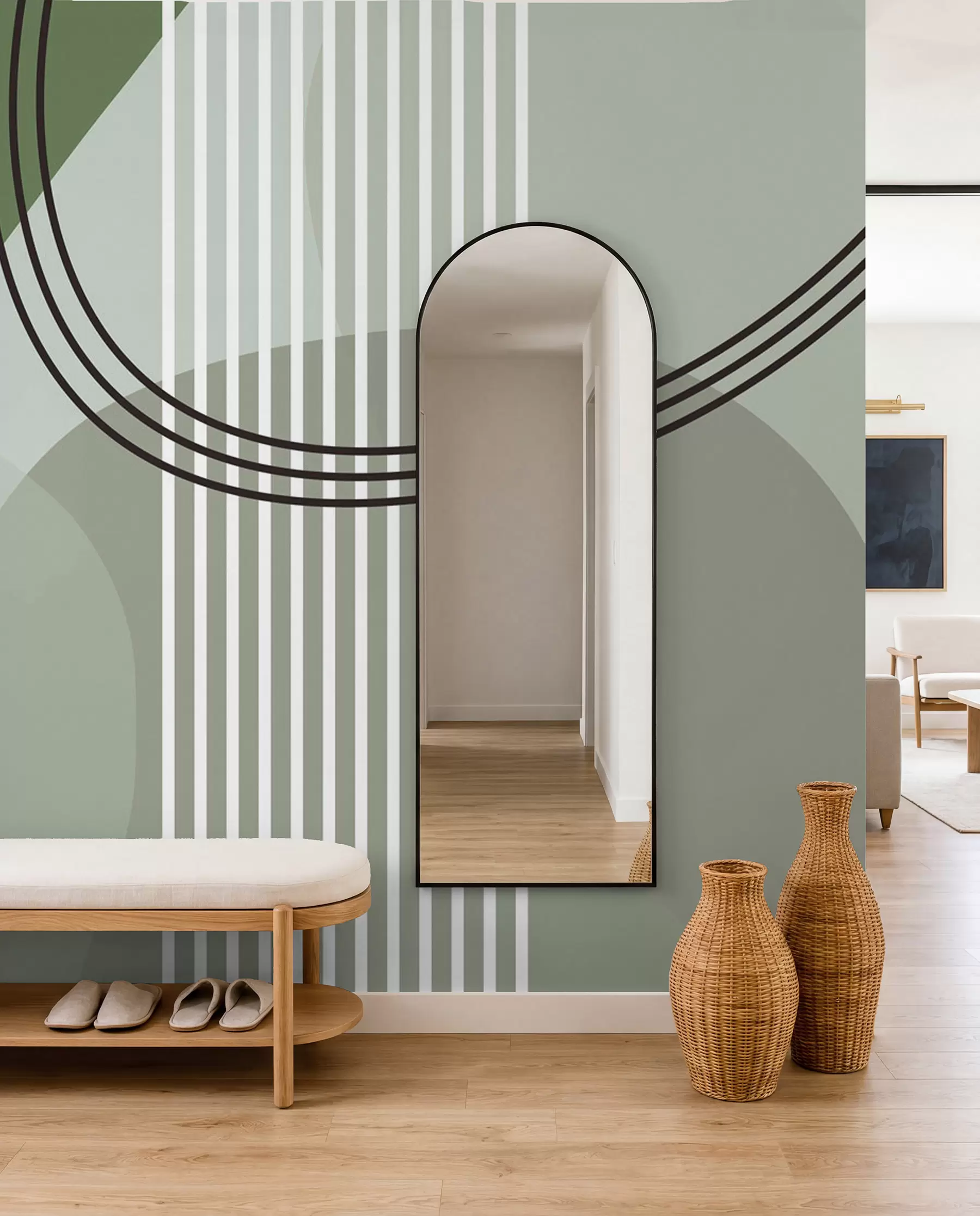 Fototapetai Geometrinė abstrakcijos linija ir apskritimas minimalizmas modernaus stiliaus žalia spalva w08173v1