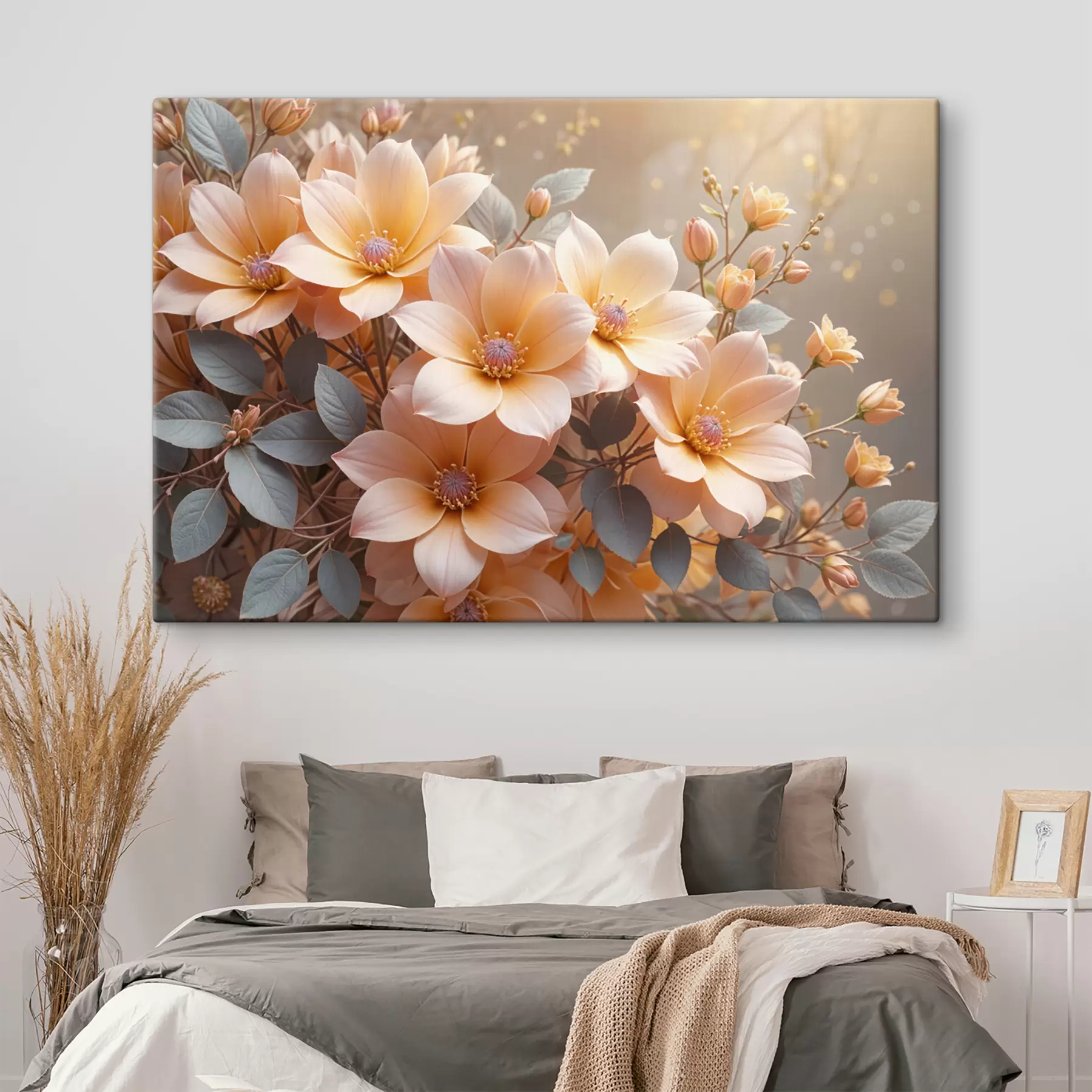 Fototapetai Subtilus persikų spalvos jurginų žiedai žydi, su švelniais žiedlapiais neryškiame fone  s40024