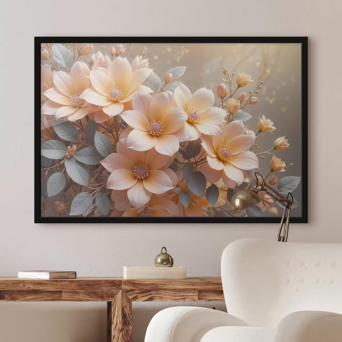 Plakatas Subtilus persikų spalvos jurginų žiedai žydi, su švelniais žiedlapiais neryškiame fone f40024