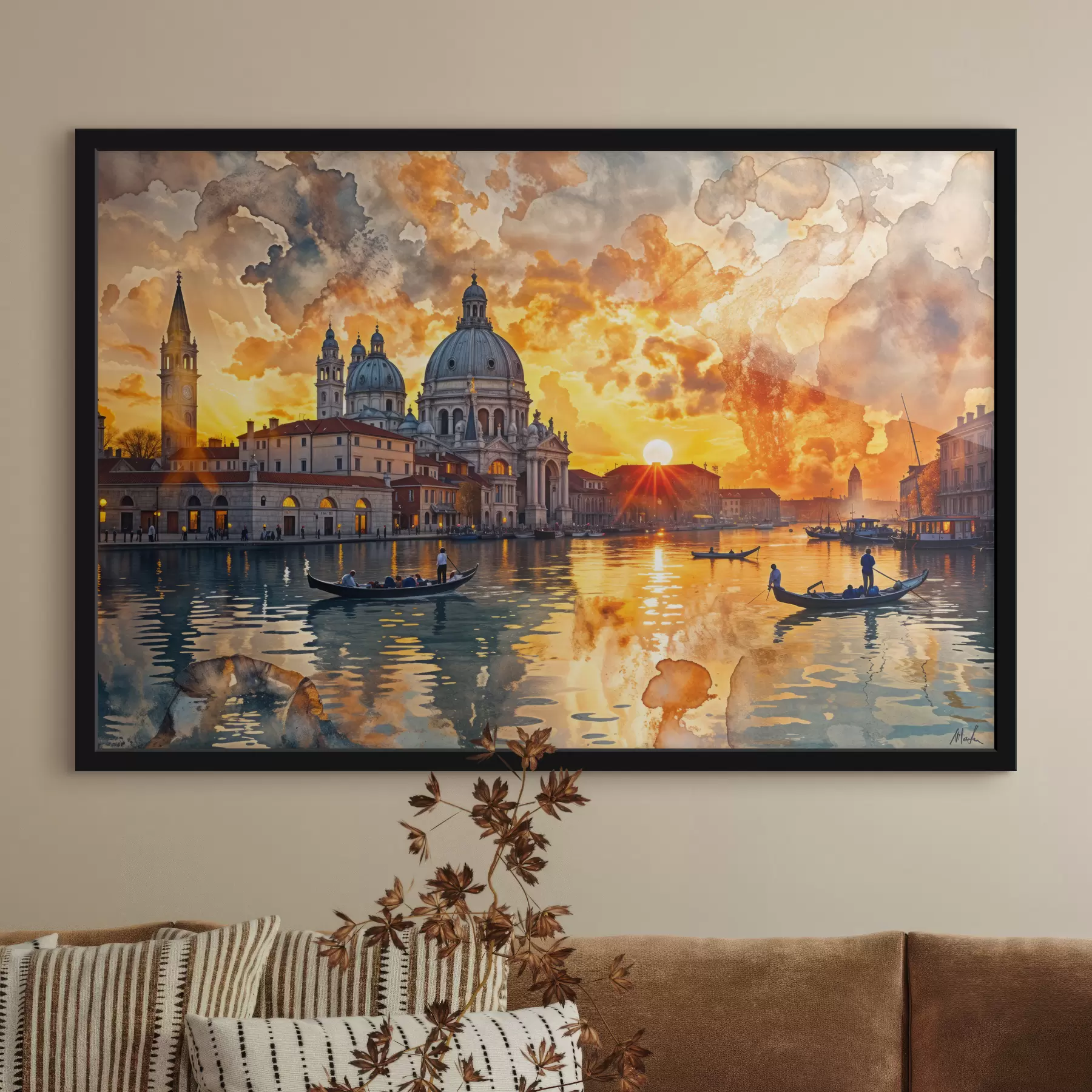 Fototapetai Spalvingas ir dramatiškas saulėlydis virš Didžiojo kanalo Venecijoje, Italijoje akvarelės menas f40027