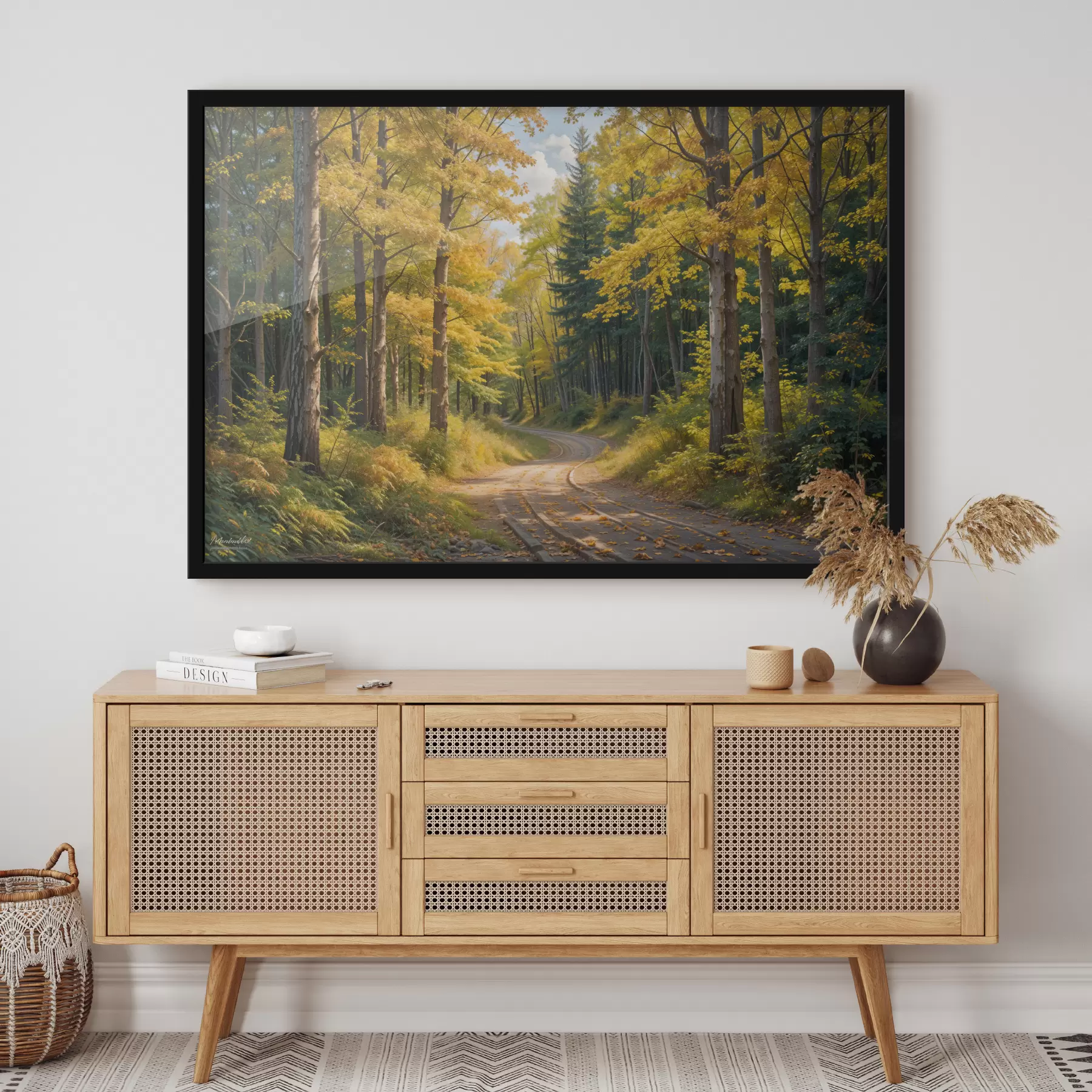 Fototapetai Rudenį per mišką vingiuojantis purvinas kelias, iš abiejų pusių aukšti medžiai f40031