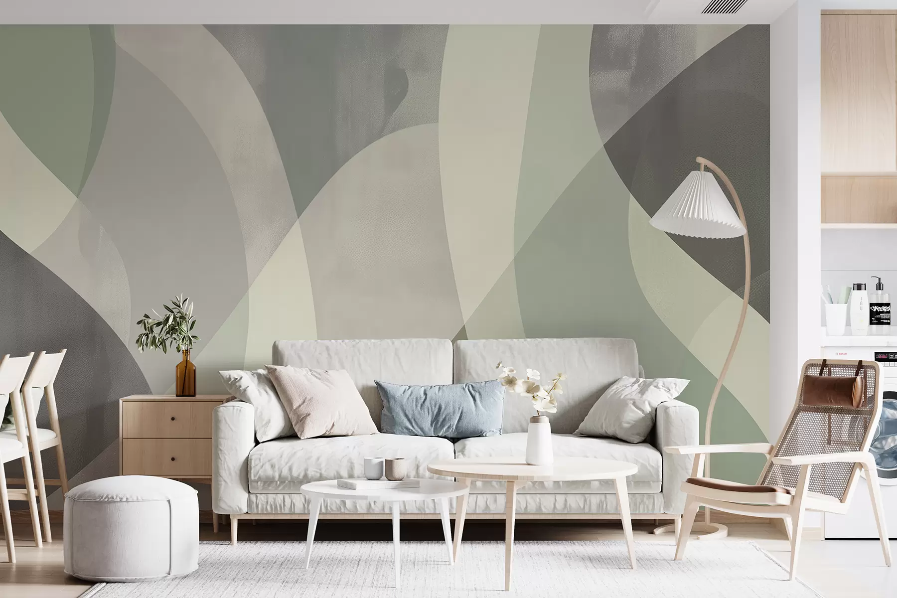 Fototapetai Minkštos, prislopintų tonų kreivės su sklandančiomis linijomis ir žaliais gradientais, minimalistinis ir modernus w01334